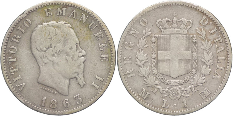 1 Lire 1963 - Vittorio Emanuele II (1861 - 1878) - stemma - zecca di Milano - Ag...