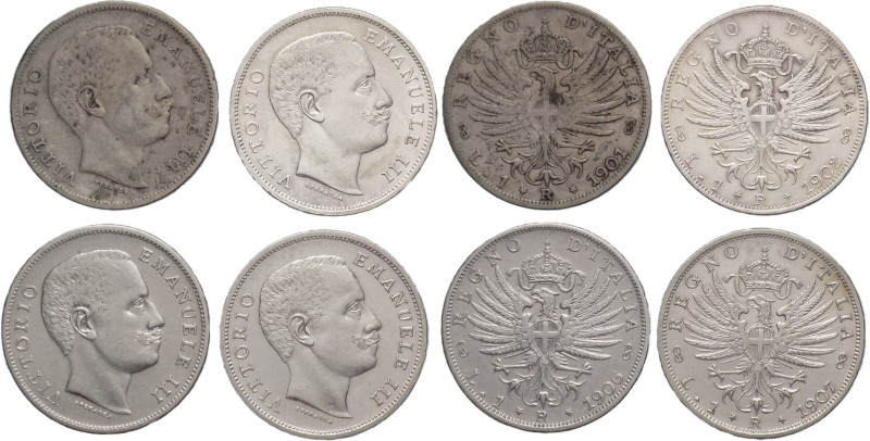 Lotto di 4 monete da 1 lira - Vittorio Emanuele III (1900 - 1943) - Aquila Sabau...