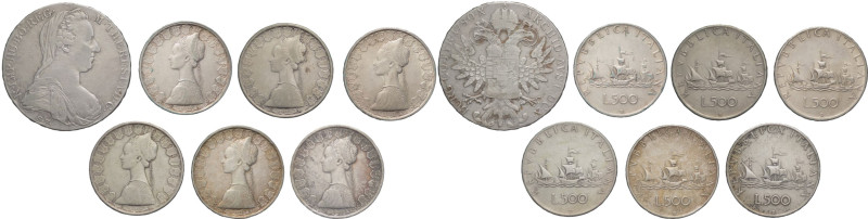 Lotto di 7 monete 1 Tallero austriaco Maria Theresa 1780 e 6 500 Lire Caravelle ...