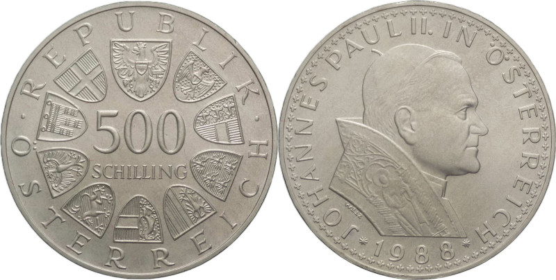 Austria - 500 scellini 1988 - 38° viaggio apostolico di Giovanni Paolo II - KM# ...
