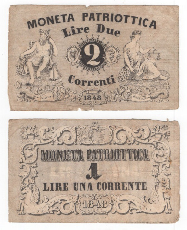 Governo Provvisorio di Lombardo-Veneto - lotto di 2 banconote Moneta Patriottica...