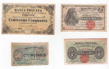 Banca Toscana di Anticipazione e Sconto - lotto 4 banconote da 1, 2 Lire e 50 Centesimi

BB+