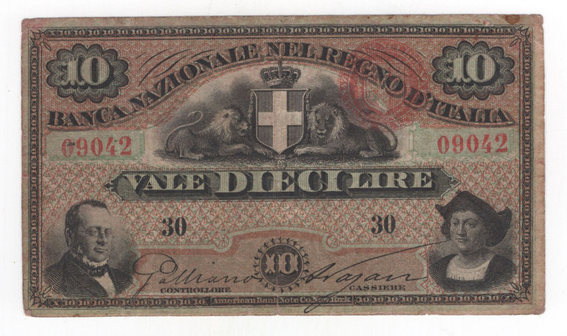Banca Nazionale Regno d'Italia - 10 Lire 1872 - nuovo tipo modificato - NC - Cra...