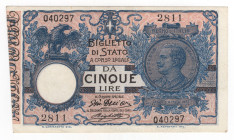 Regno di Vittorio Emanuele III - 5 Lire 05/11/1914 - errore di taglio - Crapanzano# BS 23

SUP+