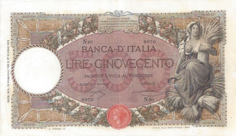 Repubblica - 500 Lire 18/02/1922 - Capranesi - mietitrice (Roma - decreto) - Cra...