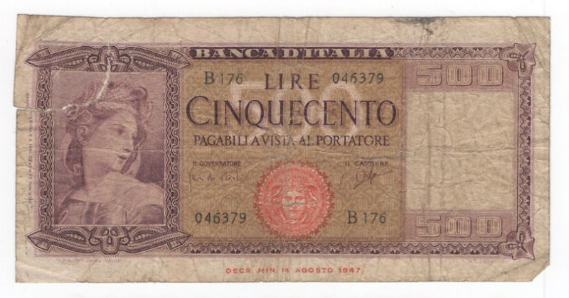 500 Lire decr. 14/08/1947 - Crapanzano# 452

BB+