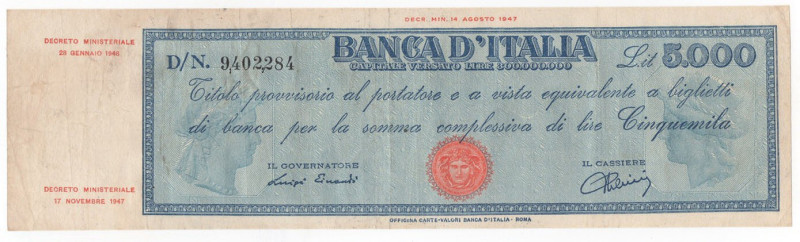 Repubblica - 5.000 Lire 28/01/1948 - Titolo provvisorio - Crapanzano# 513

qFD...