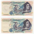 Lotto di 2 banconote da 500.000 lire Raffaello (conservazioni: BB con piccolo strappo basso centrale e qSPL)
