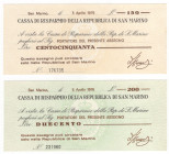 San Marino lotto 2 assegni da 150 e 200 lire 1976 - P#1 e P#2

UNC