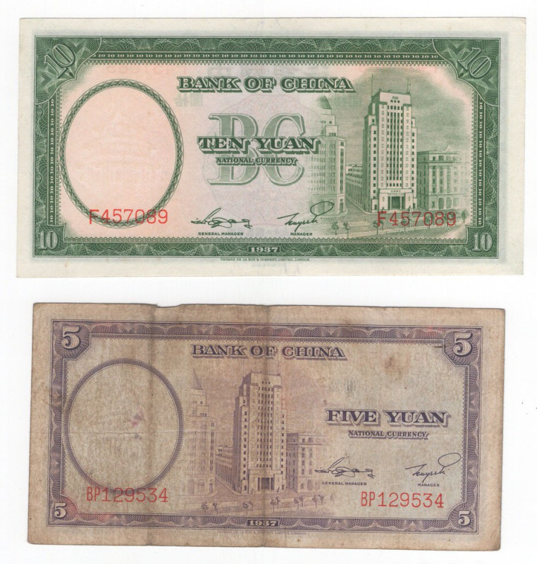 Cina - Bank of China - lotto di 2 banconote: 5 Yuan (MB) e 10 Yuan (FDS) 1937