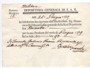 Fede di credito 1789 Depositeria Generale di Sua Altezza Reale