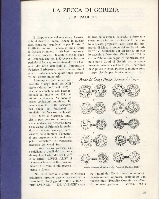 PAOLUCCI R. - La zecca di Gorizia. Suzzara, s.d. pp. 53 - 58, ill nel testo. ril...