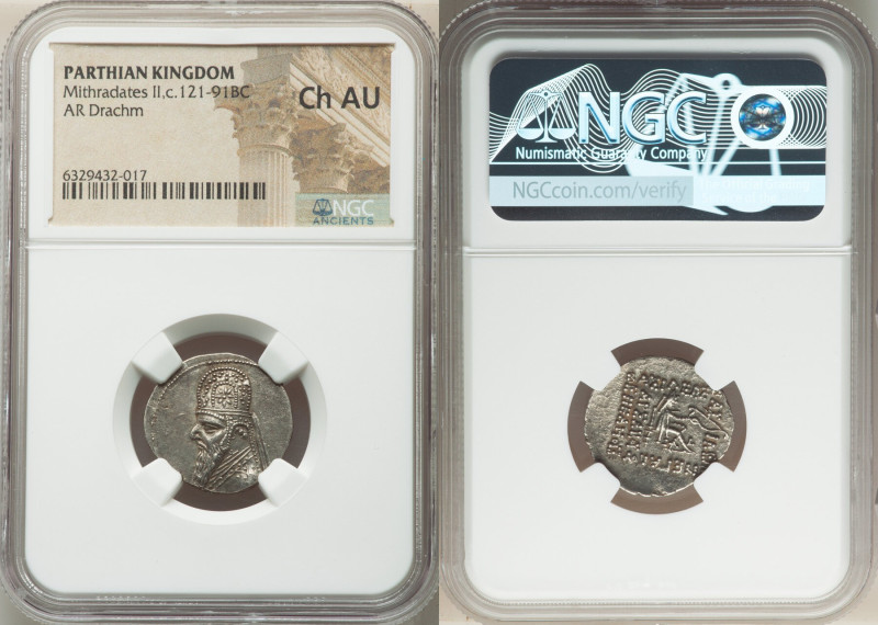 PARTHIAN KINGDOM. Mithradates II (ca. 121-91 BC). AR drachm (20mm, 1h). NGC Choi...