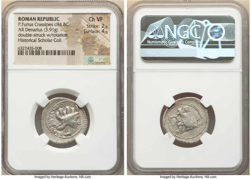 P. Furius Crassipes (ca. 84 BC). AR denarius (23mm, 3.91 gm, 2h). NGC Choice VF,...