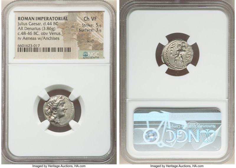 Julius Caesar, as Dictator (49-44 BC). AR denarius (17mm, 3.86 gm, 6h). NGC Choi...