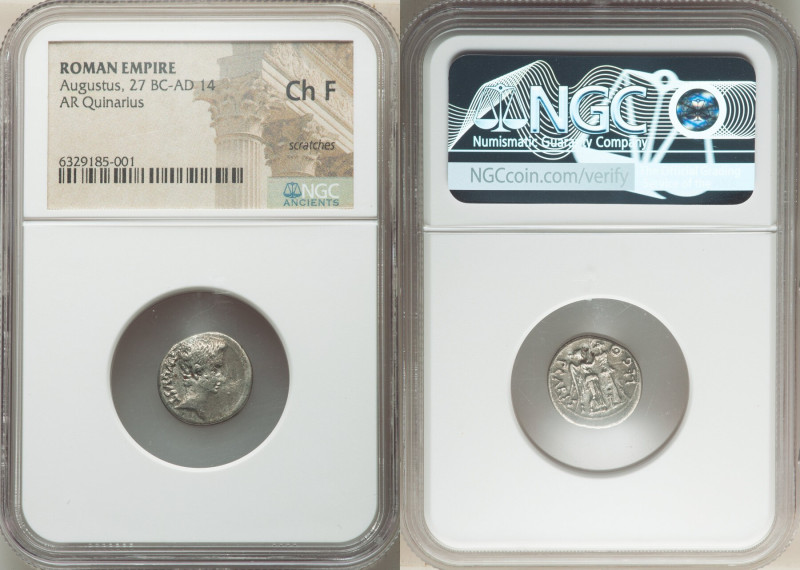 Augustus (27 BC-AD 14). AR quinarius (14mm, 11h). NGC Choice Fine, scratches. Sp...