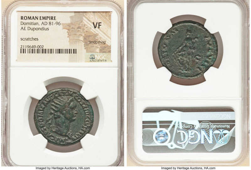 Domitian, as Augustus (AD 81-96). AE dupondius (28mm, 6h). NGC VF, smoothing, sc...