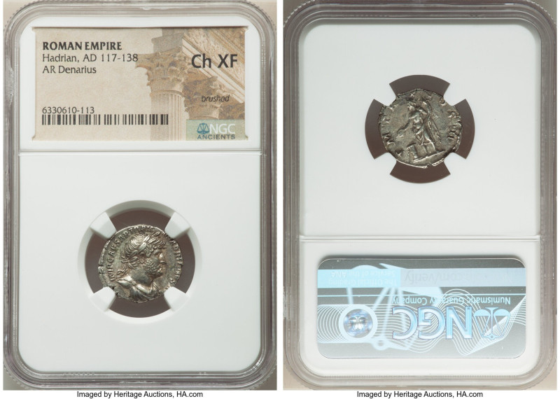 Hadrian (AD 117-138). AR denarius (18mm, 5h). NGC Choice XF, brushed. Rome, AD 1...