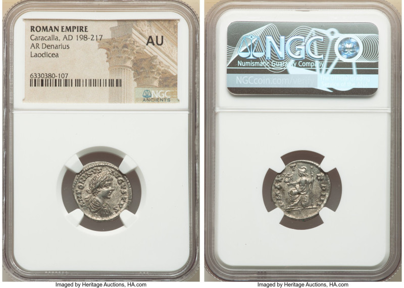 Caracalla (AD 198-217). AR denarius (18mm, 12h). NGC AU. Laodicea ad Mare, AD 20...