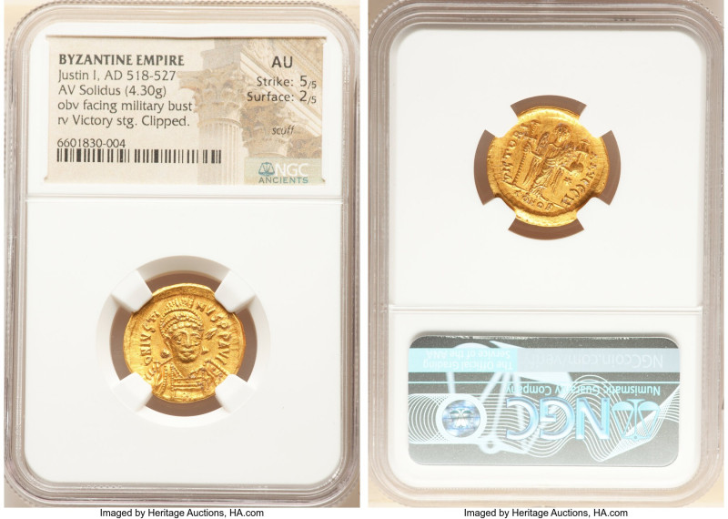 Justin I (AD 518-527). AV solidus (20mm, 4.30 gm, 7h). NGC AU 5/5 - 2/5, scuff, ...