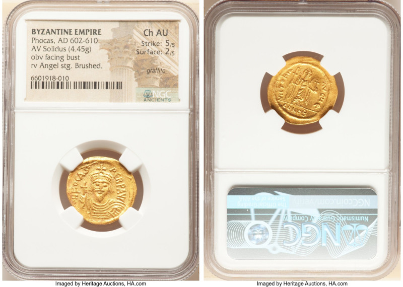 Phocas (AD 602-610). AV solidus (21mm, 4.45 gm, 7h). NGC Choice AU 5/5 - 2/5, gr...