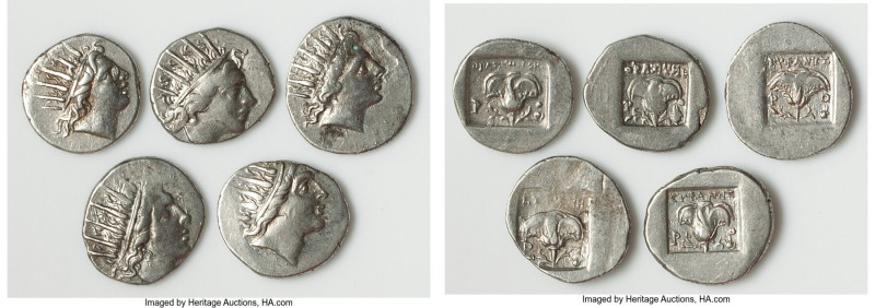 ANCIENT LOTS. Greek. Carian Islands. Rhodes. Ca. 88-84 BC. Lot of five (5) AR dr...