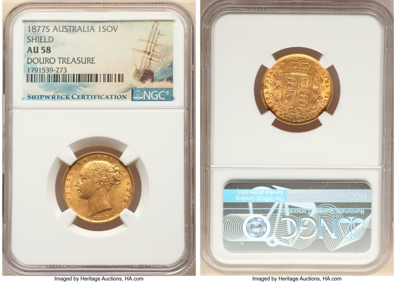 Victoria gold "Shield" Sovereign 1877-S AU58 NGC, Sydney mint, KM6, S-3855. Ex. ...
