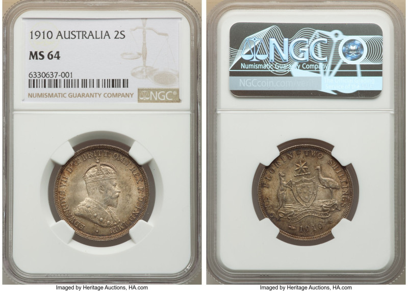 Edward VII Florin 1910-(L) MS64 NGC, London mint, KM21. Seasoned toning on a ver...