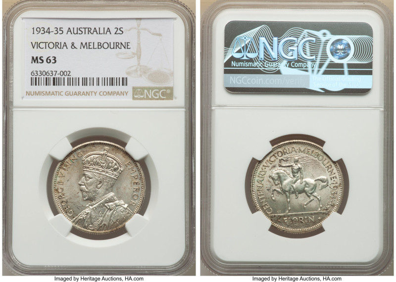 George V "Victoria & Melbourne" Florin 1934-1935 MS63 NGC, Melbourne mint, KM33....