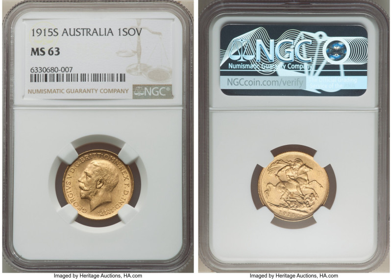 George V gold Sovereign 1915-S MS63 NGC, Sydney mint, KM29, S-4003. 

HID0980124...