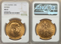 Franz Joseph I gold Restrike 100 Corona 1915 MS67 NGC, Vienna mint, KM2819, Fr-507R. Fully struck on shimmering golden flan. 

HID09801242017

© 2022 ...