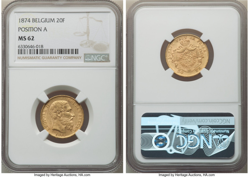 Leopold II gold 20 Francs 1874 MS62 NGC, Brussels mint, KM37, Fr-412. Position A...