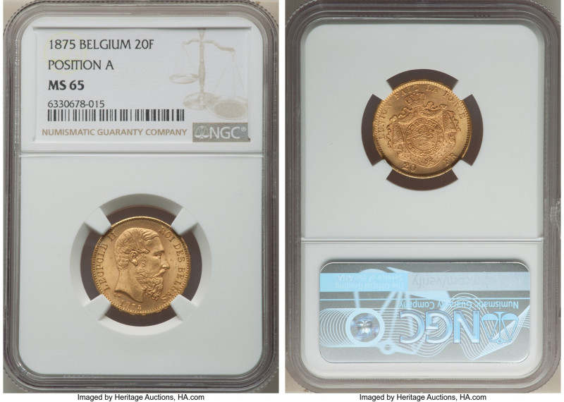 Leopold II gold 20 Francs 1875 MS65 NGC, Brussels mint, KM37, Fr-412. Position A...