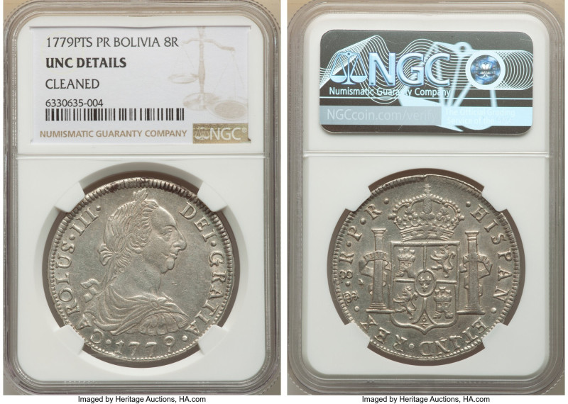 Charles III 8 Reales 1779 PTS-PR UNC Details (Cleaned) NGC, Potosi mint, KM55. 
...