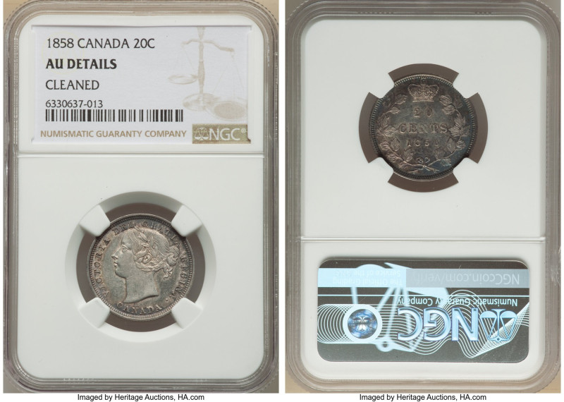 Victoria 20 Cents 1858 AU Details (Cleaned) NGC, London mint, KM4. One year type...