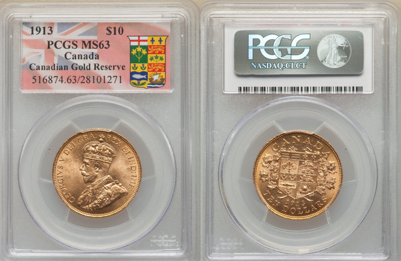 George V gold 10 Dollars 1913 MS63 PCGS, Ottawa mint, KM27. AGW 0.4837 oz. 

HID...