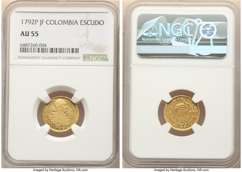 Charles IV gold Escudo 1792 P-JF AU55 NGC, Popayan mint, KM56.2, Fr-59. 

HID098...