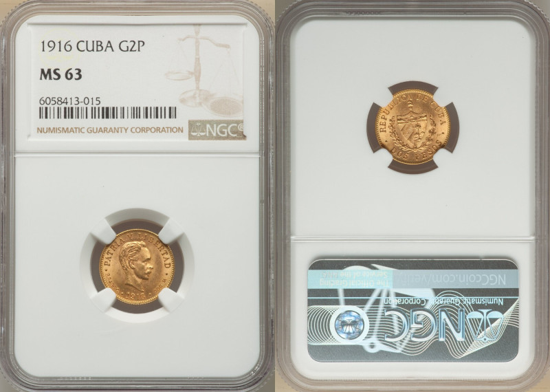 Republic gold 2 Pesos 1916 MS63 NGC, Philadelphia mint, KM17, Fr-6. 

HID0980124...