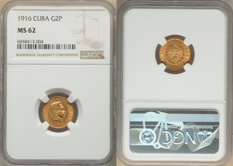 Republic gold 2 Pesos 1916 MS62 NGC, Philadelphia mint, KM17, Fr-6. 

HID0980124...