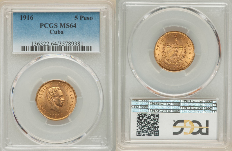 Republic gold 5 Pesos 1916 MS64 PCGS, Philadelphia mint, KM19, Fr-4. 

HID098012...