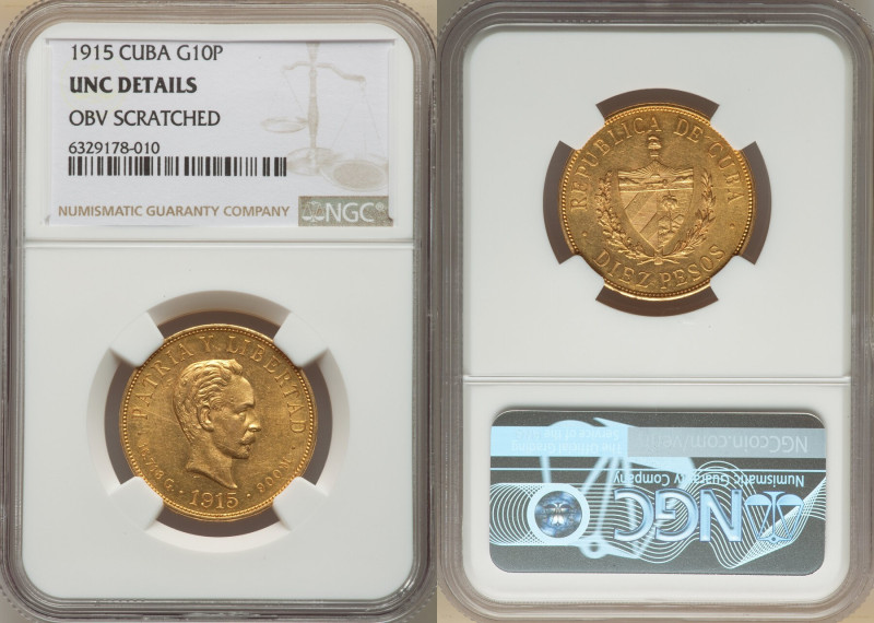 Republic gold 10 Pesos 1915 UNC Details (Obverse Scratched) NGC, Philadelphia mi...