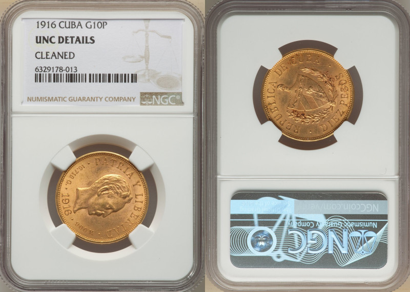 Republic gold 10 Pesos 1916 UNC Details (Cleaned) NGC, Philadelphia mint, KM20, ...