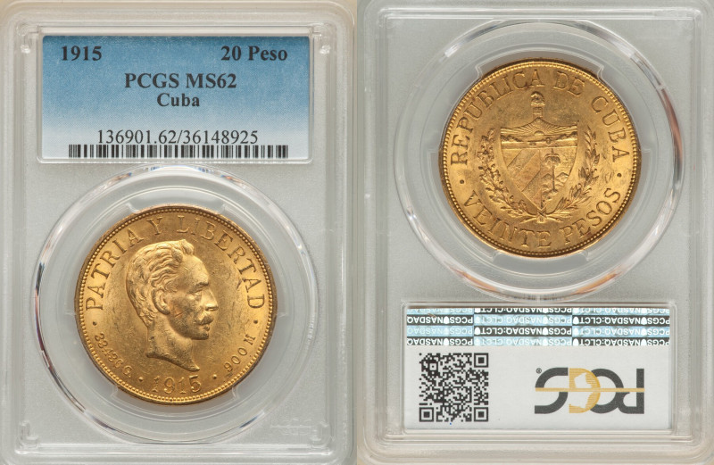 Republic gold 20 Pesos 1915 MS62 PCGS, Philadelphia mint, KM21, Fr-1. 

HID09801...