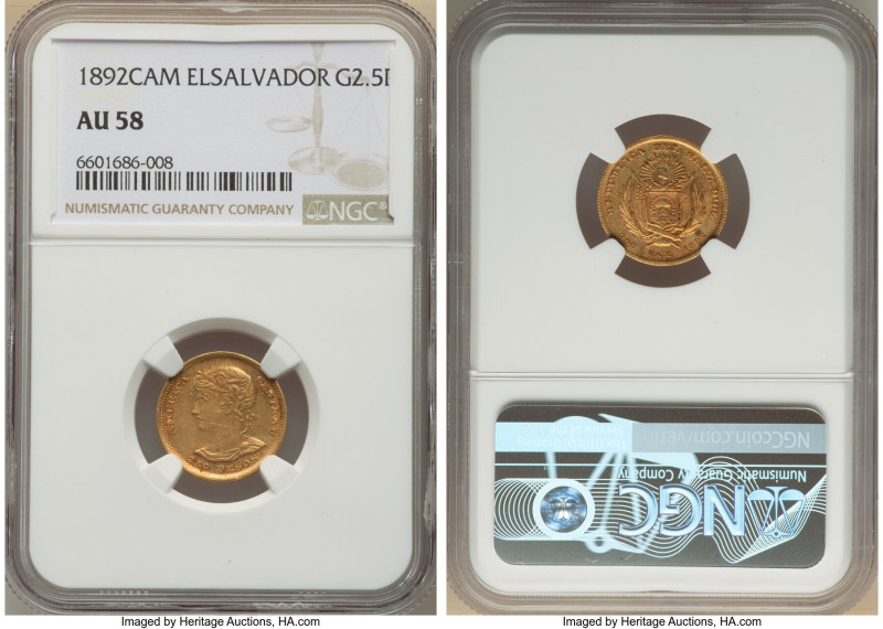 Republic gold 2-1/2 Pesos 1892-C.A.M. AU58 NGC, San Salvador mint, KM116, Fr-4. ...