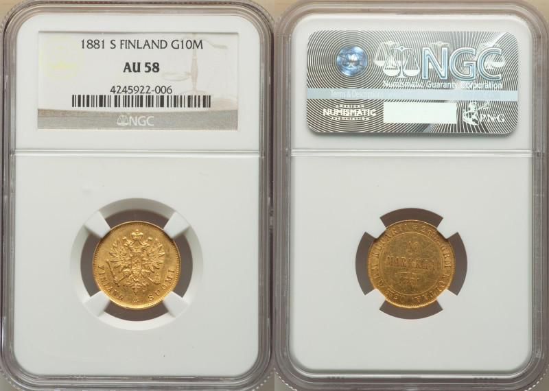 Russian Duchy. Alexander III gold 10 Markkaa 1881-S AU58 NGC, Helsinki mint, KM8...