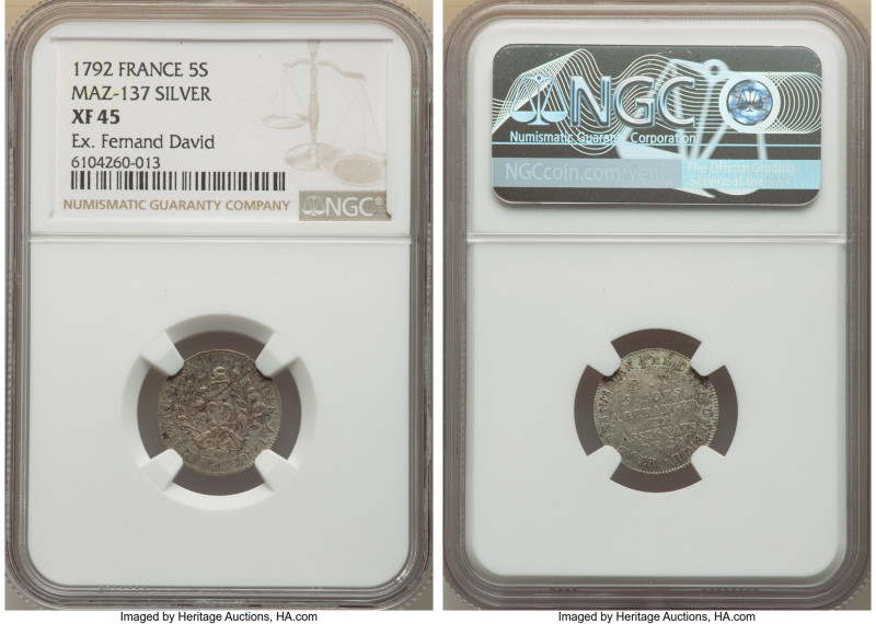 Republic silver 5 Sols 1792 XF45 NGC, MAz-137. By Lefevre Lesage et Cie. Ex. Fem...
