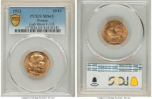 Republic gold 20 Francs 1911 MS65 PCGS, KM857, Gad-1064a, F-535. 

HID09801242017

© 2022 Heritage Auctions | All Rights Reserved