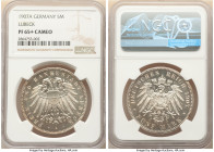 Lübeck. Free City Proof 5 Mark 1907-A PR65+ Cameo NGC, Berlin mint, KM213, J-83. Frosted motifs with mirrored fields and champagne toning. 

HID098012...