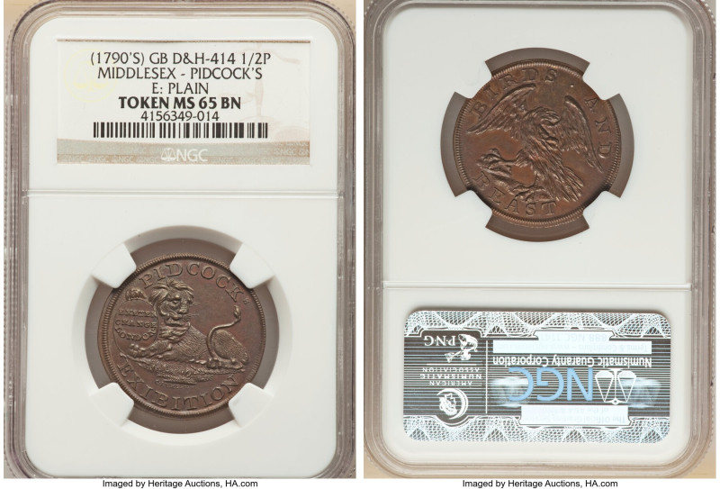 Middlesex. Pidcock's copper 1/2 Penny Token ND (1790's) MS65 Brown NGC, D&H-414....