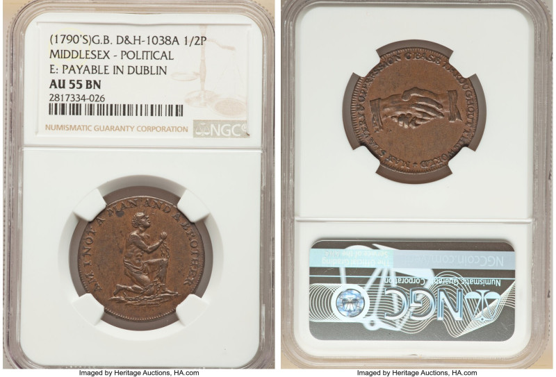 Middlesex. Political copper 1/2 Penny Token ND (1790's) AU55 Brown NGC, D&H-1038...